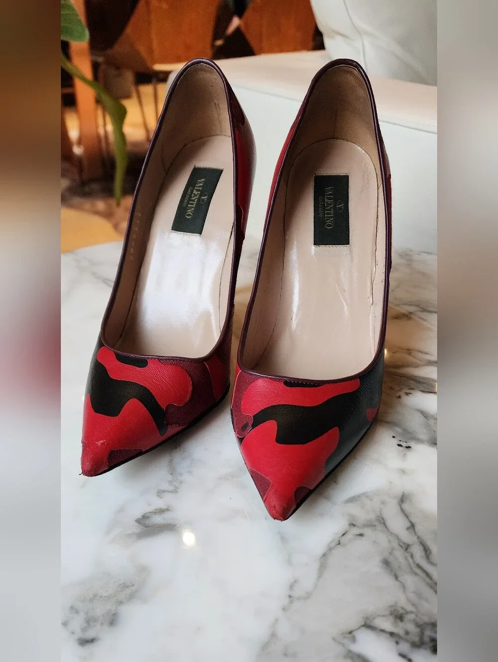 Valentino Rockstud Red & Black Camoflauge Leather Pumps Size 37.5